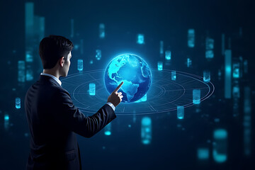 Poster - Businessman in suit points at glowing blue globe surrounded by digital data visualization representing global network