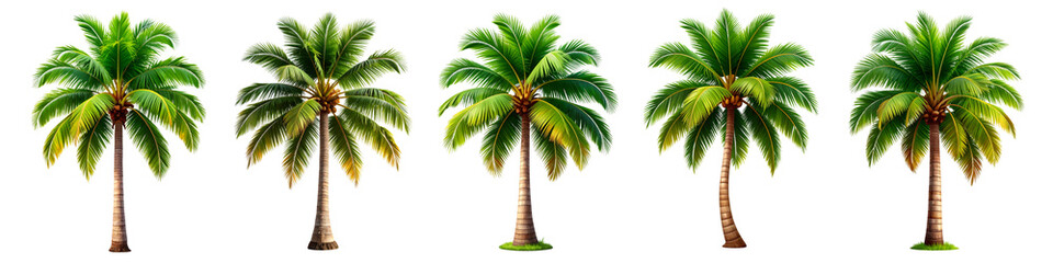 Fototapete - Collection of Realistic 3d rendering of leaning coconut palm tree, isolated on transparent background with tropical paradise essence