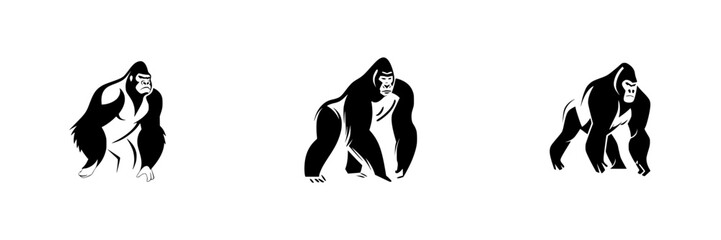 Poster - Stylized silhouette pictograms of gorillas showcasing various poses, illustrating strength and agility