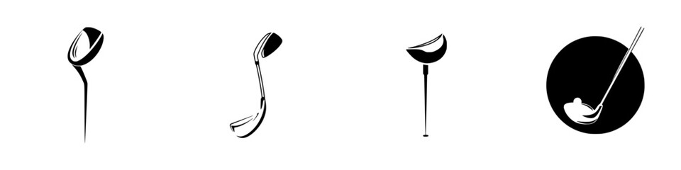Poster - Silhouette pictograms of various ladles in isolated vector icons showcasing essential kitchen utensils for food preparation