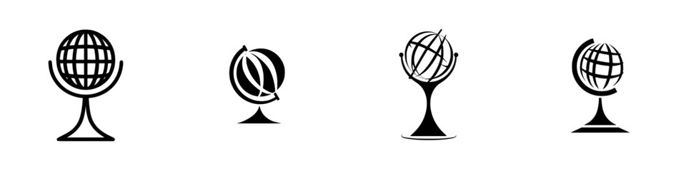 Poster - Collection of silhouette pictograms depicting globes on stands for educational and travel-related themes in minimalist design