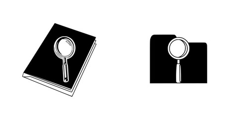 Poster - Silhouette pictograms of a magnifying glass on a book and folder for search and analysis concepts