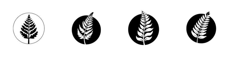 Poster - Silhouette pictograms of various ferns in circular designs showcasing nature's diversity and beauty in botanical illustrations