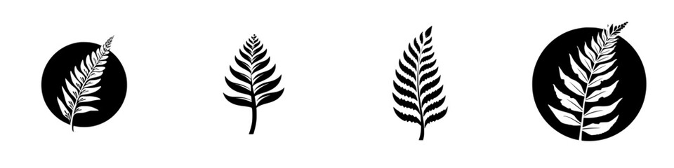 Poster - Silhouette pictogram collection featuring diverse fern designs in circular frames for nature-inspired art