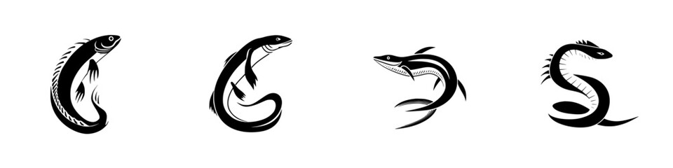 Poster - Silhouette pictograms of various fish and eel species designed as isolated vector icons for illustrative purposes in graphic art