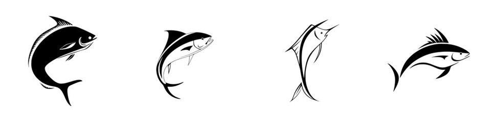 Poster - Silhouettes of various fish species depicted as pictograms for illustration in marine-themed designs