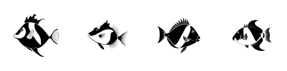 Poster - Collection of four unique silhouette fish designs showcasing different shapes and styles for creative projects