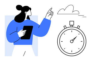 Poster - Woman holding tablet and gesturing towards a cloud with a stopwatch nearby, symbolizing timing, focus, and cloud-based tasks. Ideal for productivity, planning, efficiency, technology, workflow