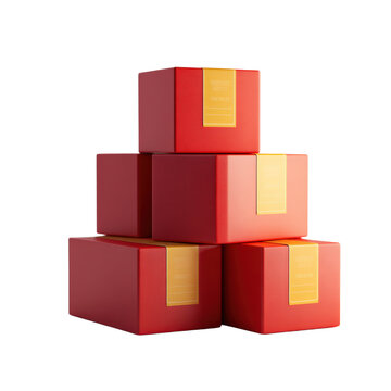 Stack of red boxes with golden labels. Gift delivery. Merchandise. Package. Products. Shipping. 3d render.