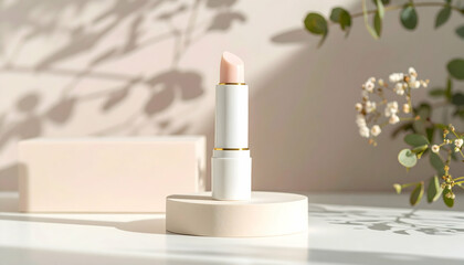 Poster - Lipstick on a round pedestal with soft shadows and natural plant accents