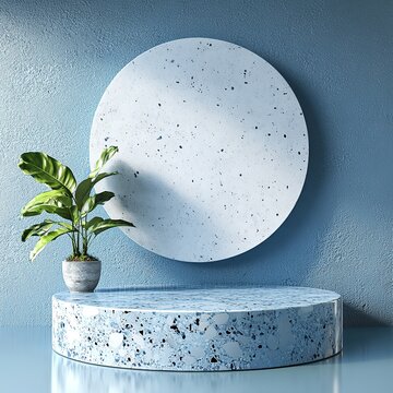 Blue Terrazzo Round Podium with Plant, Product Display Mockup 3D Render, Blue Wall