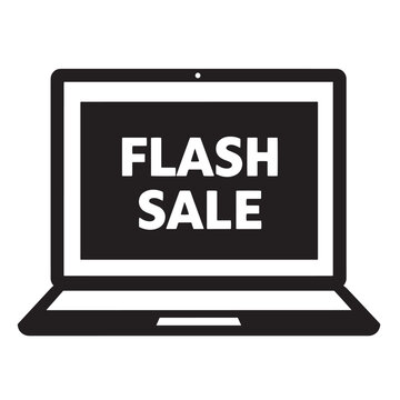 Black and white vector illustration of a laptop screen displaying flash sale text