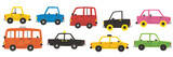 Colorful cartoon cars and vehicles are lined up against a transparent background, perfect for children's designs and transportation themes.