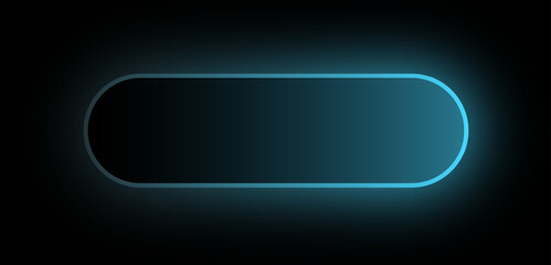 Poster - Glowing Neon Rounded Button UI Element with Blue Light Effect on Dark Background. Futuristic Tech Interface Style for App or Web Design.