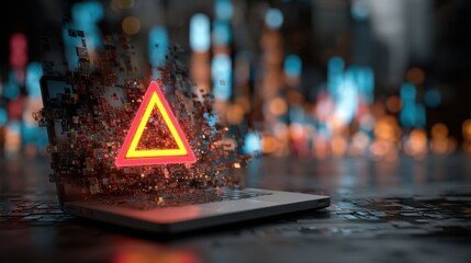 Poster - A professional setting with a laptop showcasing a prominent warning sign amidst a chaotic digital storm illustrating the critical need for awareness and proactive measures against cyber