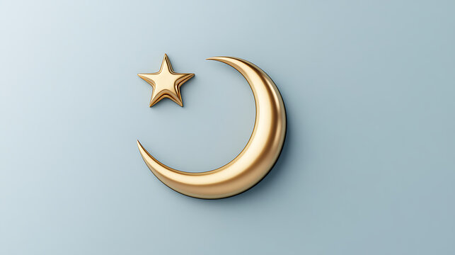 Golden star and crescent moon symbol on a light background, symbolising islamic culture, spirituality, and celestial beauty.  Modern minimalist aesthetic.