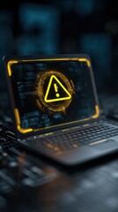 Poster - A computer workstation featuring a laptop with a glaring warning symbol integrated into a futuristic digital interface highlighting the rising concerns of cyber threats in todays technologydriven