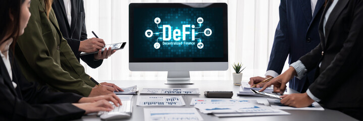 Poster - Panorama shot analyst team utilizing BI Fintech to analyze financial report with laptop. Businesspeople analyzing BI data dashboard displayed on laptop screen for business insight. Prodigy