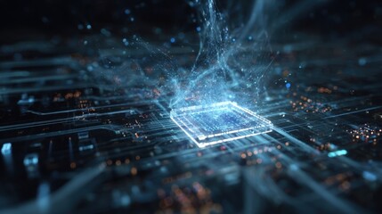 Aufkleber - Advanced Technology and Quantum Mechanics Closeup focus on a quantum computer system with a backdrop of digitized data streams embodying the next era of technological evolution and