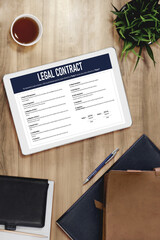 Poster - Digital legal contract provide terms and conditions document on computer screen ready for online digital signature for deal agreement of future business snugly