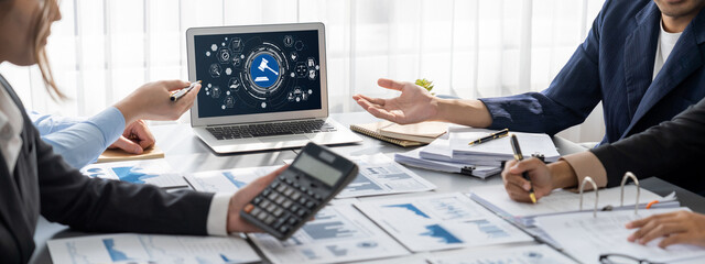 Poster - Business intelligence and data analysis concept. Analyst team working on financial data analysis dashboard on laptop screen as marketing indication for effective business strategic planning. Insight
