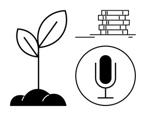 Poster - Plant sprouting from soil, stack of books, microphone icon. Ideal for education, sustainability, innovation, learning, communication growth ecology. Perfect for a simple landing page