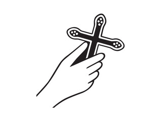 Fototapete - Vector isolated hand holds a cross, cross in the hand  colorless black symbol icon logo infographics on a white background simple minimal graphic element