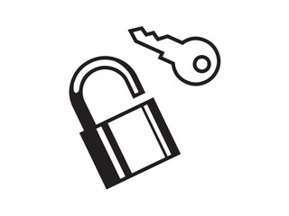 Poster - Vector isolated suspension open door lock and key colorless black and white flat symbol icon logo infographics on a white background silhouette shadow shape stencil solid black