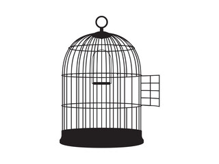 Poster - Vector isolated one single open retro vintage bird cage empty  colorless black and white contour line easy drawing