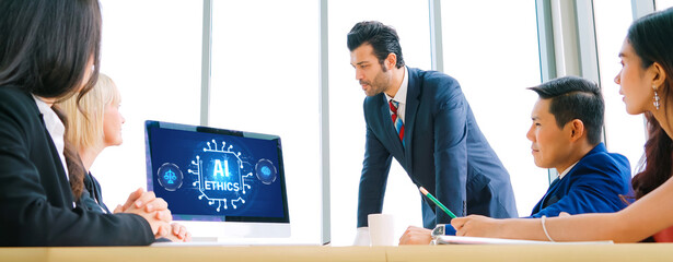 Poster - AI ethics responsibility standard law and rules on computer screen provide report of AI ethic transparency preventing technology crime. brisk