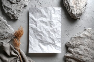 Poster - Flat lay style Textured background with a blank sheet surrounded by gray rocks and dried grass, creating a minimalistic and natural aesthetic.