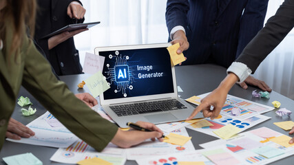 Poster - Analyst team use sticky note for creative and analytic brainstorm for business idea with BI data dashboard on laptop screen. Analysis financial data visualization tech for marketing strategy. Prodigy