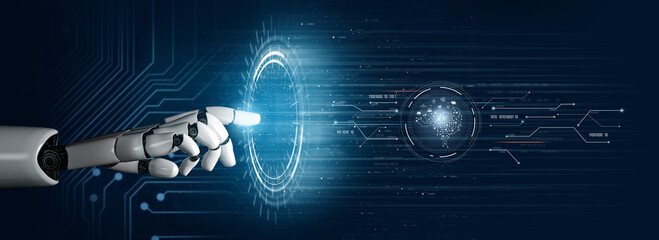 Poster - AI processing digital data through neural circuits, analyzing signals, powering intelligence, and managing core functions in a connected technology framework. Vouch