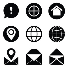 Poster - Set of Black Home Location Globe Email Phone Icons in Two Styles for UI Design.
