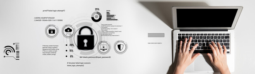 Poster - cyber security protects against breaches, hacks, and network attacks using strong infrastructure and