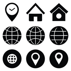 Poster - Set of Black Icons in Grid Layout Home Location Globe Email Phone for Navigation.