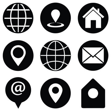 Set of Black Navigation Icons Home Location Globe Email Phone in Solid Outlined Styles.