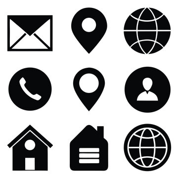 Set of Solid and Outlined Black Icons for Navigation Home Location Globe Email Phone.