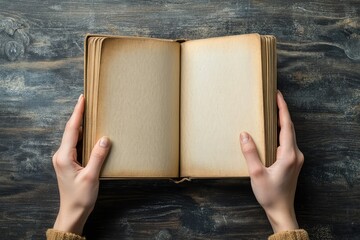 Poster - High Resolution Visual of Top View of Hands Holding an Open Book