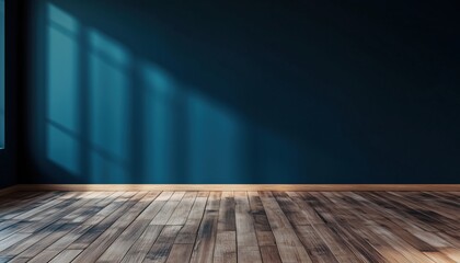 Poster - Empty Room With Dark Blue Wall And Wooden Floor For Graphics, Website, Branding, Product Display, And Media Rendering Purposes.