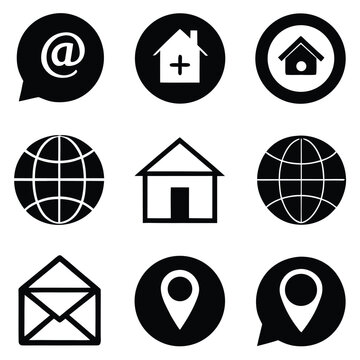 Solid and Outlined Black Icons Grid for Home Location Globe Email Phone.