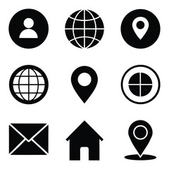 Poster - Solid and Outlined Black Icons in Grid Home Location Globe Email Telephone for Apps.