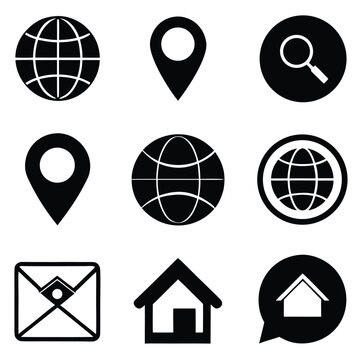 Solid and Outlined Icons in Black for Navigation Home Location Globe Email Phone.