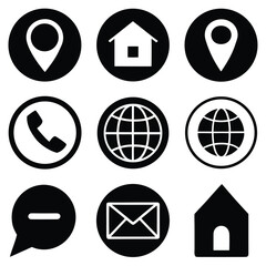 Poster - Solid Outlined Black Icons Set Home Location Globe Email Phone for Web and App.