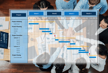 Poster - A comprehensive view of project management featuring a Gantt chart, showcasing team collaboration, task assignments, and weekly planning for effective execution and progress tracking. Amity