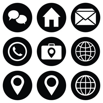 Solid and Outlined Icons Set in Black for Navigation Home Location Globe Email Phone.