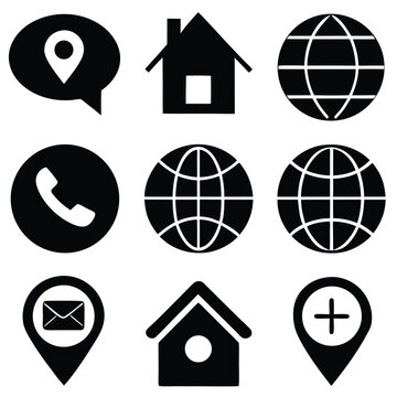 Stylish Grid of Black Icons Home Location Email Phone Globe Solid and Outlined.
