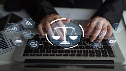 Poster - Futuristic digital law interface displaying justice scale, highlighting digital law, AI compliance, digital law systems, and digital law regulations for secure governance. Muxer