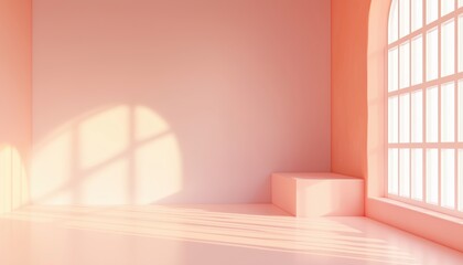 Poster - Pink Studio: An Abstract Beige Empty Room With Soft Light For Product Photography, Featuring A Simple Peach Backdrop, A Horizon Gradient, And Blank Walls And Floor.
