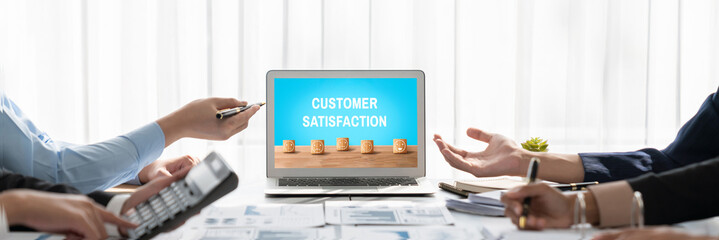 Poster - Business intelligence and data analysis concept. Analyst team working on financial data analysis dashboard on laptop screen as marketing indication for effective business strategic planning. Insight